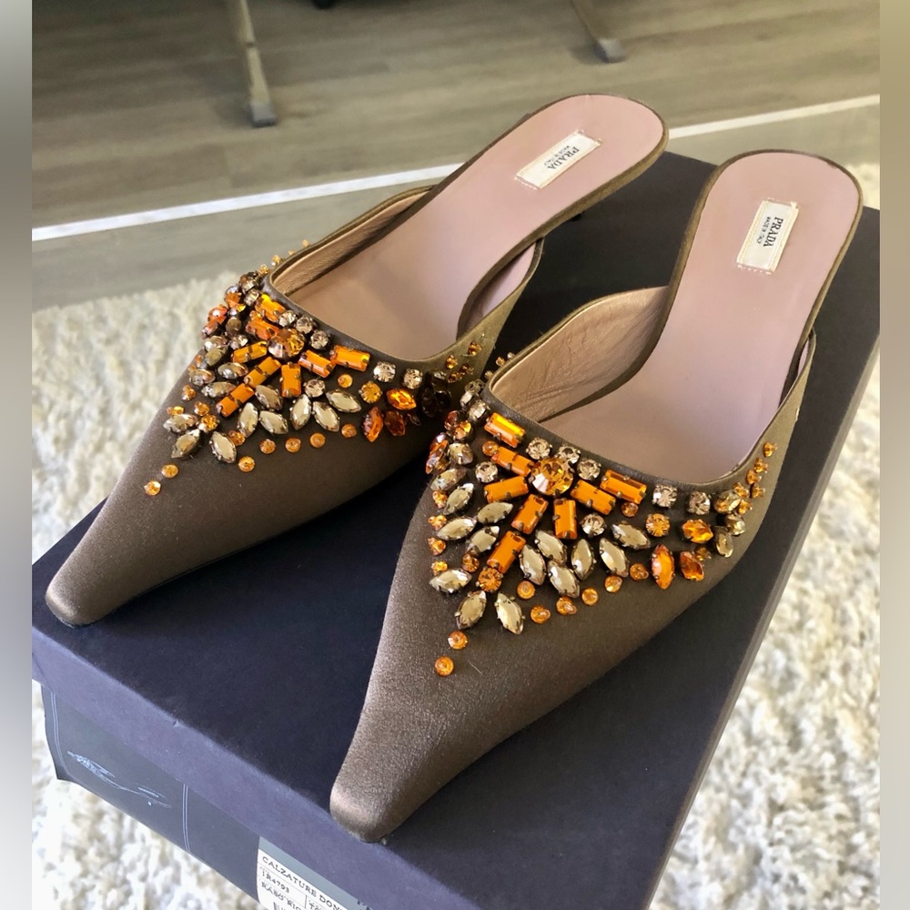 Prada Satin Mule Embellished w/ Different Stones Size 37.5 in Deep Taupe Color.